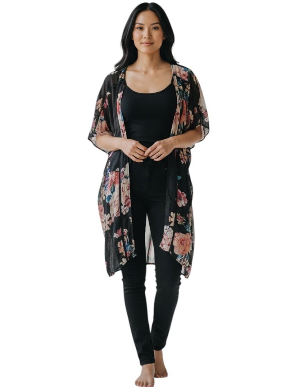 Band Of Gypsies Womens S Black Sheer Floral Kimono Duster Open Boho Whimsigoth